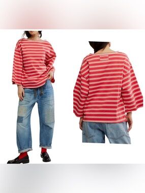 Free People We The Free C'est La Vie Tee Red Stripe Oversized Size Large
